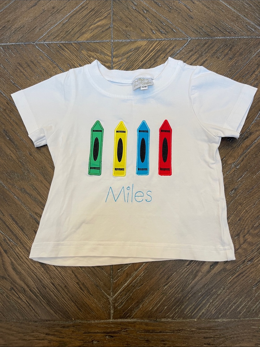 Sew Magnolia Smocks White Kids Short-Sleeve Tee with Crayons- Personalized Miles